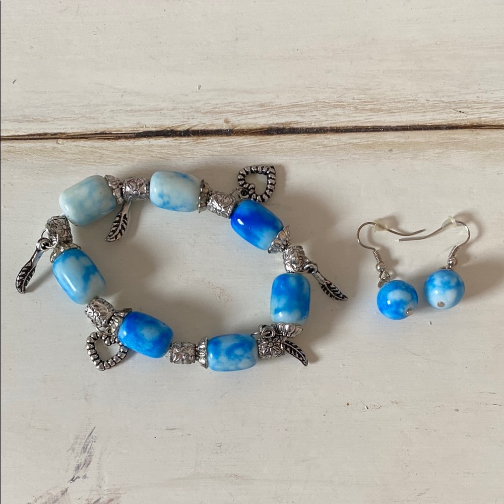 Blue and Silver Beaded Bracelet and Earring Set